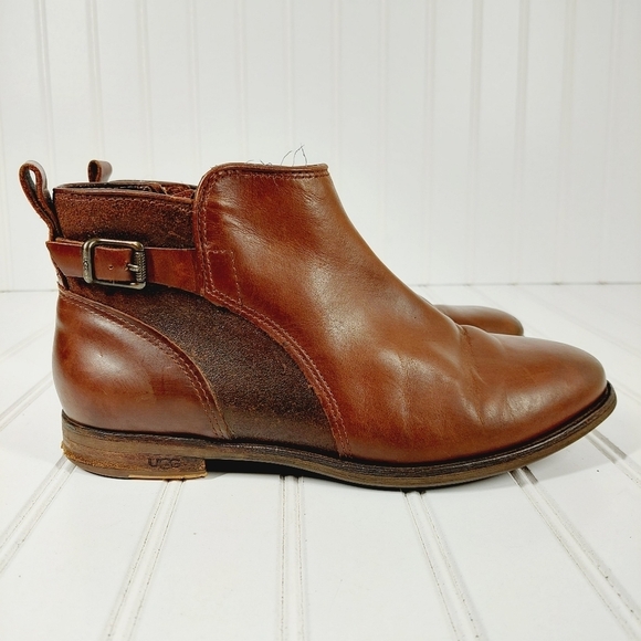 UGG Brown Leather Slip On Buckle Detail Side Zipper Ankle Riding Booties I205 - Picture 5 of 13